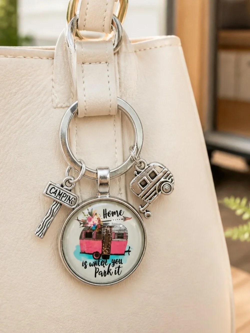 Retro Camper Keychain Home Is Where You Park It RV Glamping Bag Charm Key Ring